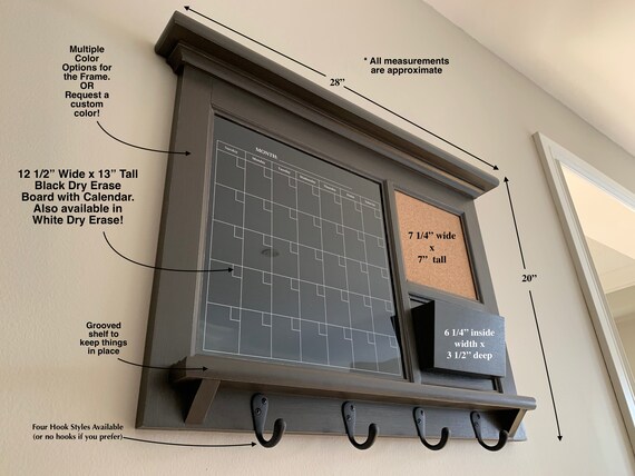 Black Dry Erase Calendar With Bulletin Board Custom Kitchen or Home Office  Organizer With Mail Slot, Home Decor, Keyhooks, and Shelf. 