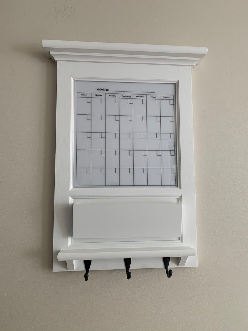 Framed Dry Erase Calendar for Wall Decor Family Planner Kitchen Home Decor Office Mail Organizer Monthly Planner, with shelf and hooks image 1