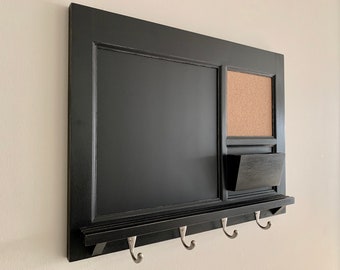 Framed Chalkboard Wall Mail Organizer Storage with Cork Board.  Office Decor, Home Decor Furniture Storage,  Keyhook Message Center Shelf