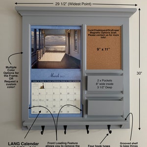 LANG Calendar Frame with Front Loading Double Pocket Mail Organizer, Storage, Shelf, Bulletin Board Cork or Chalkboard Home Decor image 2