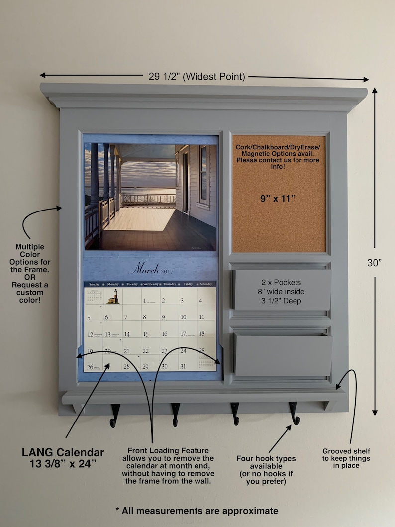 LANG Calendar Frame with Front Loading Double Pocket Mail Organizer, Storage, Shelf, Bulletin Board Cork or Chalkboard Home Decor image 2