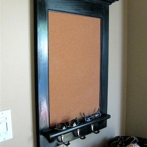 Framed Bulletin Board Cork, Entryway Organizer Home or Office Planner Kitchen Shelf and Key Hook Furniture- Cork Board Wood Frame