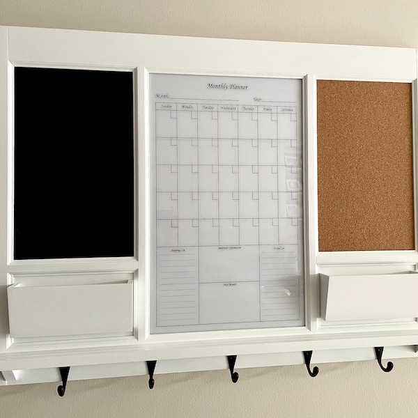 Modern Style Dry Erase White Board Calendar Framed for Kitchen Home Office Wall, Bulletin Board, Chalkboard Mail Pockets, Command Center