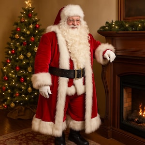 May include: Santa Claus in a red velvet suit with white faux fur trim, a black belt, and black boots. He is wearing a white beard and a red hat. A decorated Christmas tree and a fireplace are in the background.