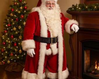 May include: A person dressed as Santa Claus, wearing a red velvet suit with white fur trim, a black belt, and black boots. He has a white beard and a red hat. A Christmas tree and a fireplace are in the background.