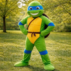 Op de afbeelding: Een groen en geel schildpaddenkostuum met een lachend gezicht, een blauw oogmasker en een bruin schild. Het kostuum heeft blauwe accenten op de armen en benen. Het personage staat op een grasveld.