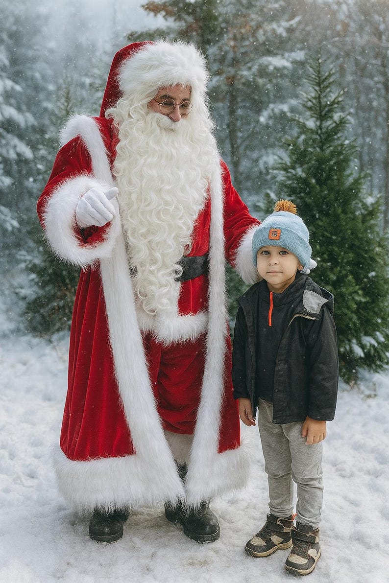 May include: A person dressed as Santa Claus in a red suit with white fur trim and a child in a blue hat and black jacket standing in a snowy forest. The child is wearing gray pants and brown boots.