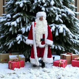 May include: Santa Claus in a red velvet suit with white faux fur trim, a matching hat, and a long white beard. He stands in front of a snow-covered Christmas tree, with wrapped gifts at his feet. The gifts are red and brown.