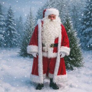 May include: Santa Claus stands in a snowy forest, wearing a red velvet suit trimmed with white fur. His long white beard and hat are prominent. He wears a black belt and boots, with a backdrop of snow-covered evergreen trees.