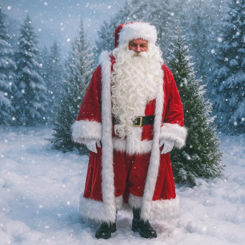 May include: Santa Claus stands in a snowy forest, wearing a red velvet suit trimmed with white fur. His long white beard and hat are prominent. He wears a black belt and boots, with a backdrop of snow-covered evergreen trees.