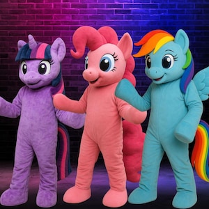3 kostiumy maskotki kucyka w kolorze różowym, niebieskim, fioletowym, pełne pluszowe kostiumy na imprezy, cosplay, wydarzenia 20% zniżki przy zakupie wszystkich trzech
