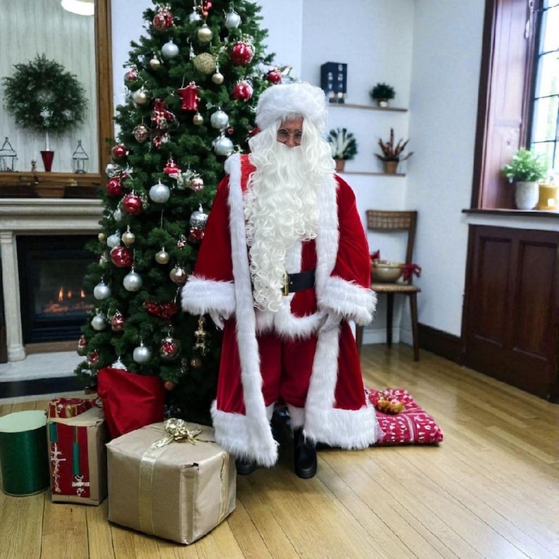 May include: A person dressed as Santa Claus, wearing a red velvet suit with white faux fur trim and a matching hat. The Santa Claus costume includes a long white beard and a black belt. A decorated Christmas tree and wrapped gifts are in the background.