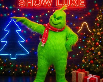 Handmade Grinch Mascot Costume with Red Coat, Furry Holiday Suit