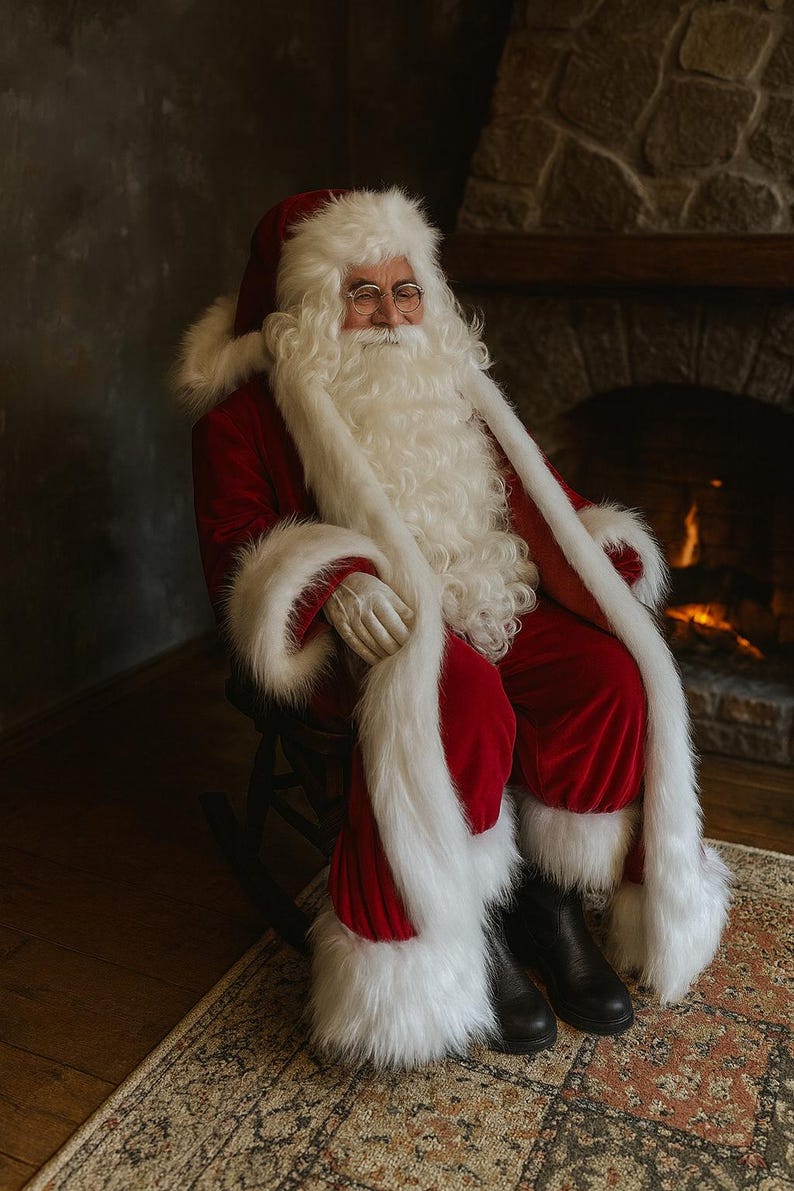May include: Santa Claus in a red velvet suit with white faux fur trim, a long white beard, and glasses. He is seated in a wooden chair in front of a fireplace, wearing black boots. The scene evokes the holiday season.