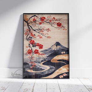 桜と富士山のデジタルウォールアート - ミニマリストモダンな室内装飾のための禅風の日本の桜風景アート