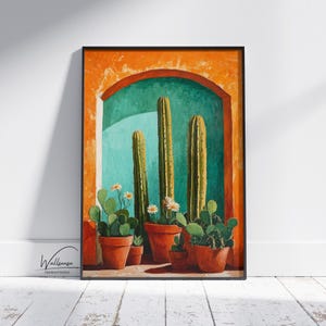 Terrakotta mexikanischer Wüsten Kaktus Digitale Wandkunst - Südwestlicher Terrassenkaktus und Sommerküchenpflanzendruck für rustikale Boho-Interieurs