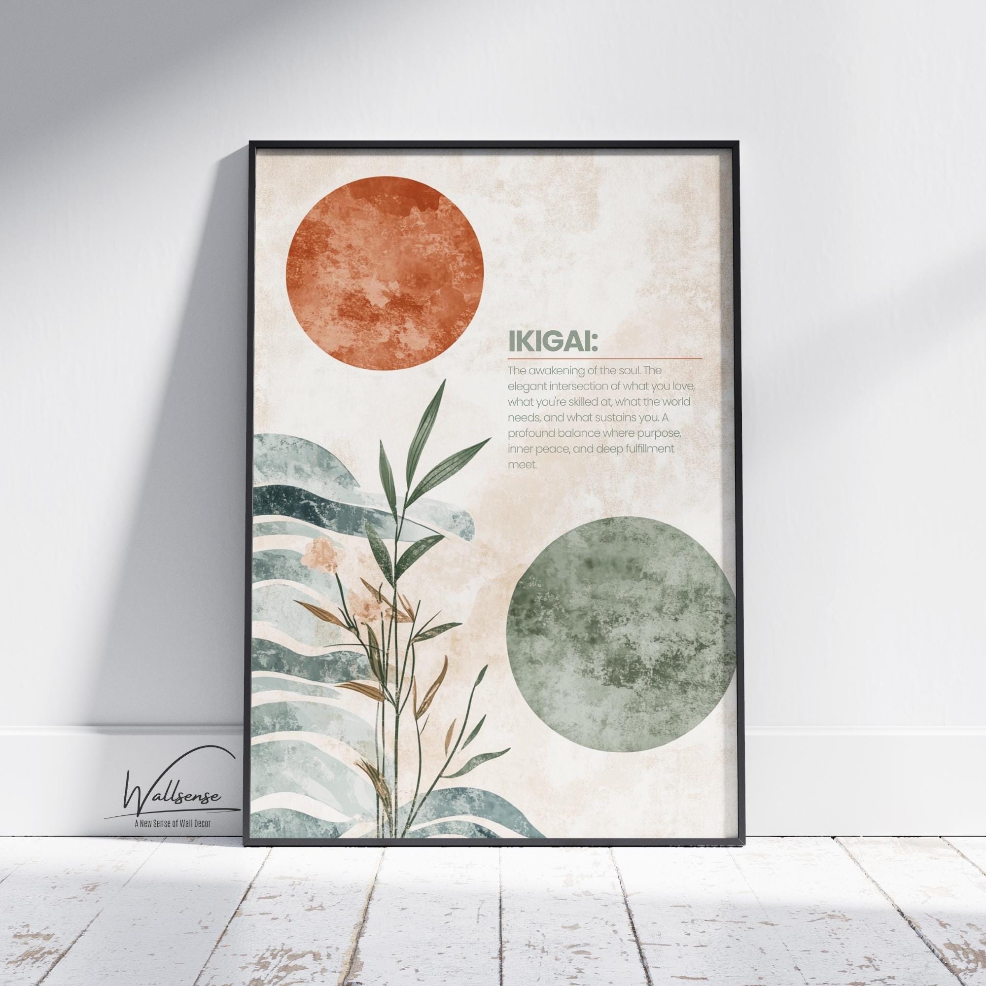 Japanese Ikigai Digital Wall Art, Minimalist Zen Design for