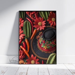 Mexican Sombrero Digital Wall Art, Mexican Culture Sombrero with Cactus Design for Rustic Bohemian Home Decor, Gift for Housewarming