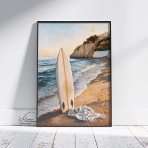 Surfboard Beach Wall Art Print – Coastal Surf Decor with Ocean Waves, Sandy Shore and Sunset Sky | Retro Surf Aesthetic Artwork