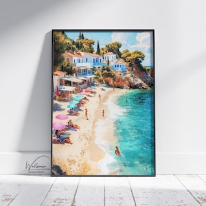 Lámina de playa de una isla griega: póster costero de verano con sombrillas de colores y mar azul / Decoración imprimible de un pueblo mediterráneo junto al mar