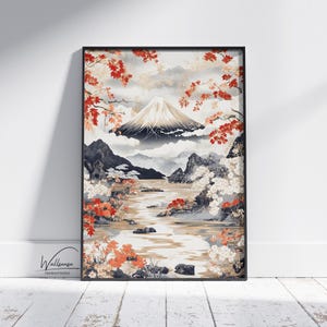 Japanese Fuji Mountain & Cherry Blossoms Sakura Digital Wall Art - Minimalist Zen Nature Print for Modern Japandi Decor and Meditation Room