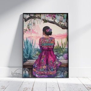 Mexican Woman Digital Wall Art Watercolor Artwork of Hispanic Woman in Pink Dress Boho Rustic Home Decor