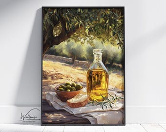 Arte mural digital de bodegón con aceite de oliva mediterráneo: arte rústico con aceitunas y pan para decorar la cocina o la casa de campo.