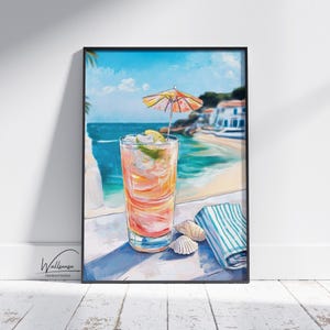 Letni koktajl plażowy wydruk ścienny – ilustracja letniego napoju z limonką, muszlami i widokiem na ocean | Coastal Kitchen Bar Cart Printable