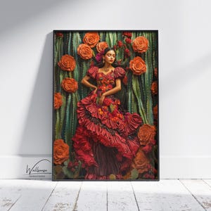 Mexican Woman Artwork, Colorful Digital Download of a Woman in Red Dress with Roses, Boho Hispanic Home Decor, Gift for Her