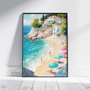 Mediterranean Beach Wall Art – Colorful Umbrellas Coastal Print with Greek Style Houses, Ocean Shore Painting for Summer Home Decor
