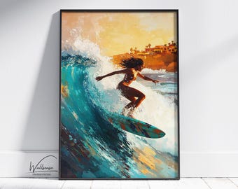 Surfer Girl Wall Art Print – Coastal Surfing Poster for Beach