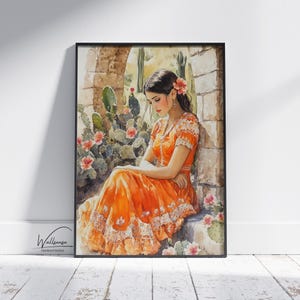 Mexican Woman Digital Artwork, Vibrant Printable Wall Art of Woman in Orange Dress, Hispanic Cactus and Floral Art, Rustic Boho Home Decor