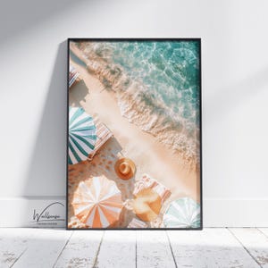 Arte digital de pared con sombrillas de playa de verano: impresión costera para decorar casas de playa / póster estético del océano / decoración playera de verano para habitaciones de chicas