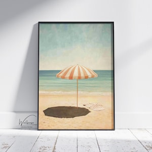 Striped Beach Umbrella Digital Wall Art – Retro Coastal Summer Decor | Minimalist Ocean Landscape | Vintage Beach Print for Boho Home Style