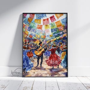 Kleurrijk Mexicaans festival digitale muurkunst - Mariachi Band en Mexicaanse volksdansers print voor Boho Cosy Home Decor, cadeau voor muziekliefhebbers