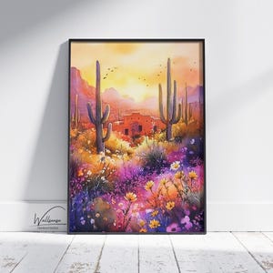 Südwestliche Wüste Bunte Wildblumen Digitale Wandkunst - Aquarell Wüstenlandschaft mit Kaktus-Sonnenuntergang-Druck für Boho Dekor Wohnzimmer