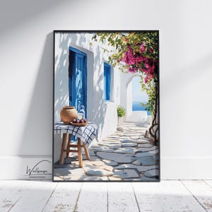 Greek Island Seaside Digital Wall Art – White Stone Path with Blue Shutters, Bougainvillea and Fig Bowl for Mediterranean Summer Home Decor