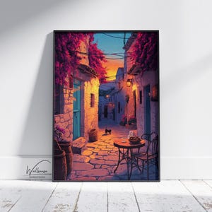 Mediterranean Village Street Digital Wall Art – Vintage Coffee Shop and Bougainvillea for Romantic Kitchen or Rustic Coastal Home Decor