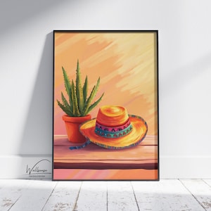 Rustic Desert Cactus and Mexican Sombrero Digital Wall Art - Warm Tones Southwestern Mexican Latino Fiesta Art for Bohemian Kitchen Decor