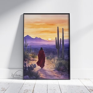 Mexikanische Frau Kunstwerk, Digitaldruck von Frau im roten Mantel, lebendige mexikanische Wüste und Kaktus Kunst, rustikale Boho Wohnkultur