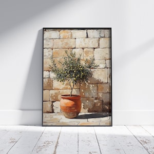 Rustikale Olivenbaum-Wandkunst - mediterrane Steinwanddekoration mit Terrakotta-Topf, strukturierte Ölmalerei-Stil botanischer Druck für Wohnzimmer