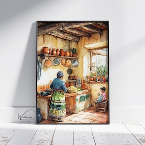 Traditional Mexican Folk Wall Art, Rustic Watercolor Kitchen Decor, Digital Download, Boho and Hispanic Home Decor