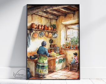 Traditional Mexican Folk Wall Art, Rustic Watercolor Kitchen Decor, Digital Download, Boho and Hispanic Home Decor