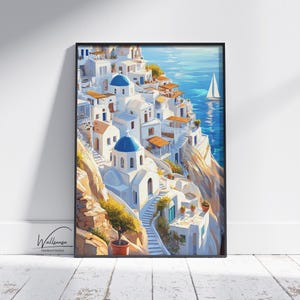 Santorini Greece Digital Wall Art – Blue Dome Churches, White Houses and Aegean Sea View for Mediterranean Travel or Coastal Home Decor