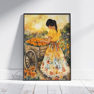 Marigold Garden Wall Art, Digital Download Mexican Woman in Yellow Dress, Hispanic and Boho Home Decor, Gift for Nature Lovers