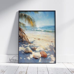 Tropical Beach Seashells Wall Art Print – Coastal Ocean Shore Painting with Palm Tree Shadows | Beach House Printable Summer Decor