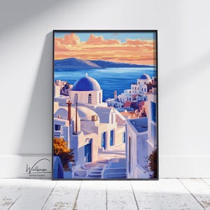 Santorini Sunset Digital Wall Art - Mediterranean Summer Sea View with White Houses & Blue Domes Print for Travel Lovers and Coastal Decor
