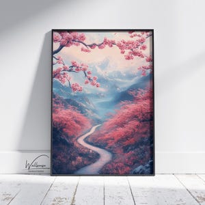 Romantic Japanese Pink Cherry Blossoms & Mount Fuji Digital Wall Art - Pastel Pink Sakura Landscape Spring Print for Modern Zen Interiors