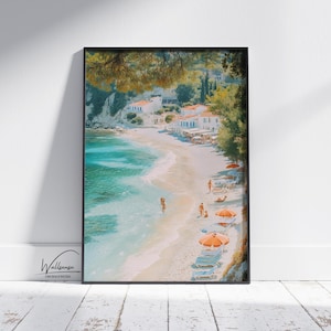 Pastel Beach Photography Print: Orange Umbrellas, Turquoise Sea, Greece (Digital Download)