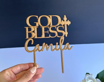 Personalized Baptism Cake Topper: God Bless, Rustic Wood